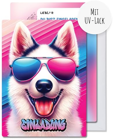 møij 12x EINLADUNGSKARTEN + passende Umschläge für Jungen & Mädchen Kindergeburtstag - coole Karten mit Hund und UV-Lack