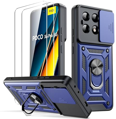Oududianzi - Cover per Xiaomi Poco X6 Pro 5G Custodia,[2 Pellicola Vetro Temperato] con Coperchio Scorrevole della Fotocamera, 360 ° staffa girevole e manicotto protettivo in silicone TPU - Blu