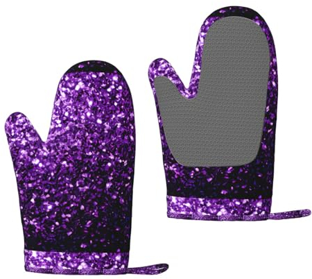 Wurton Beautiful Purple Glitter Print Heat Resistant Kitchen Oven Mitts with Non-Slip Silicone Set of 2 Oven Gloves