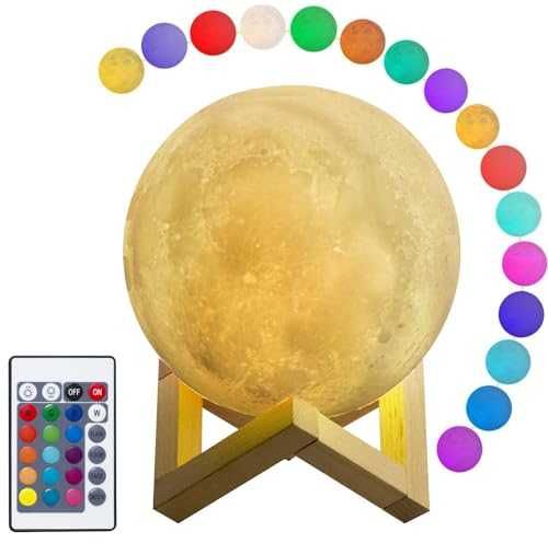 GAO Mondlampe - mit Fernbedienung 16 Farben Mondlicht mit Holzsockel Maße: 18 cm wiederaufladbar & dimmbar Touch LED verschiedene Farbmodi mit Akku USB