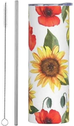 FUkker Tasse de voyage, gobelet isolé en acier inoxydable de 20 Oz, tasse à café, tasse de voiture, bouteille de voyage,Tournesols et coquelicots