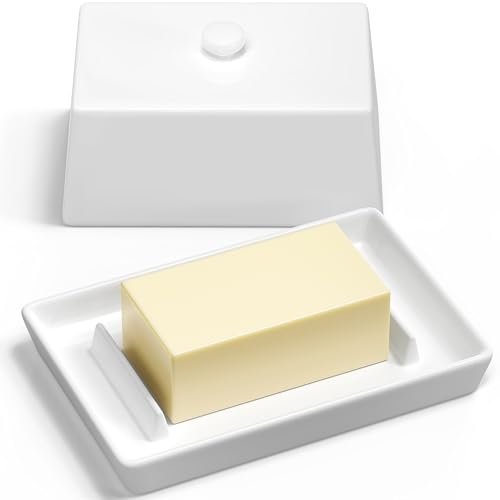 Sophie & Jasmine London – Butter Dish with Lid, Ceramic White Container for 250g UK Standard Butter – Stylish British Kitchen Design – Dishwasher Safe