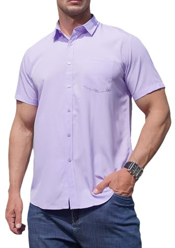 ZUEVI Men's Dress Shirts Stretch Wrinkle-Free Button Down Shirt Short Sleeve Casual Shirt for Men with Pocket, Light Purple, Medium