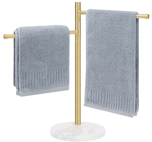 Winmien Porte-serviettes sur pied avec base en marbre, porte-serviettes en acier inoxydable 304 avec 2 bras pivotants, support de comptoir, anneau porte-serviettes pour salle de bain (doré)