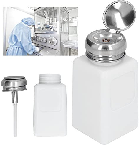 ZenithAur Press Type Solvent Dispenser 200ml, ESD Safe Anti Static Square Bottle, HDPE and Stainless Steel Liquid Dispenser for Dispensing Oil (White)