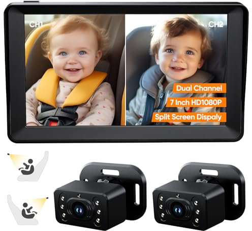 Baby Car Camera for 2 Kids, 7 Inch IPS Screen with Dual Camera for Car Seat, Split Screen, Night Vision, HD 1080P, 150° Wide Vision and 360° Rotation, Easy to
