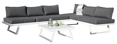 MOMMA HOME Gartenmöbel-Set, multifunktional, Aluminium, Weiß, Möbel für Terrasse/Außenbereich, Sitzecke, Set aus Aluminium, Kissen aus grauem Stoff | Modell Valencia | 2 Sofa + Beistelltisch