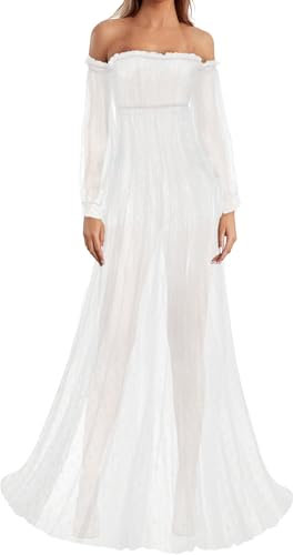 Loalirando Robe de Grossesse Transparente en Mesh à Manches Longues Robe de Maternité Photo Shooting (Blanc, L)