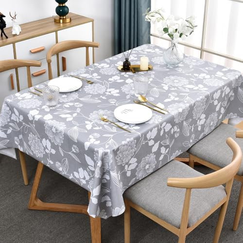 Plenmor Wachstuchtischdecke PVC Tischdecke Plastik, Tischdecke Outdoor eckig Table Cloth Waterproof Abwischbare Tischtuch Dining Table Cover (Grau Blumen, 185 x 137 cm)