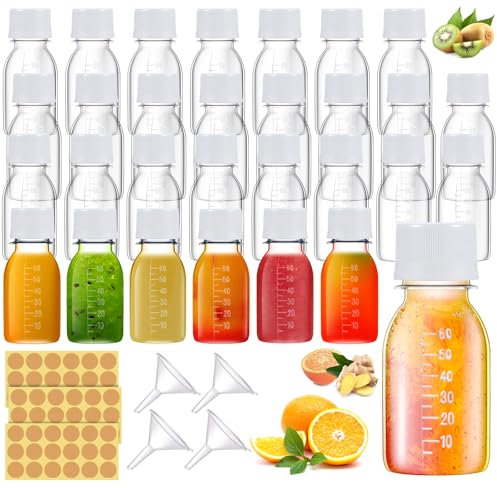 Barafat Plastic Bottles for Liquids, Mini Bottles with White Lids juice shot bottles with caps with Scale and Labels for Juice Ginger Sauce Bulk Portable Travel (42pcs White Cap, 2 oz)