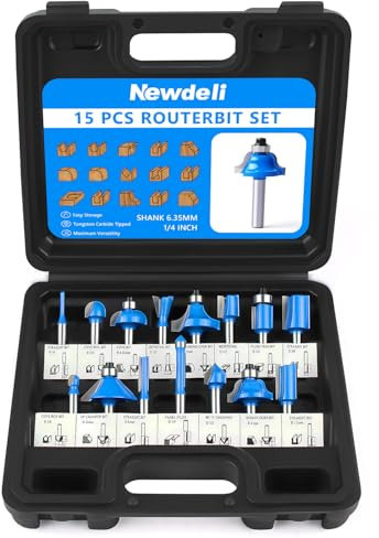 Newdeli Juego de brocas de enrutador con vástago de 1/4 pulgadas, 15 brocas de enrutador con punta de carburo de tungsteno, herramienta de carpintería para principiantes