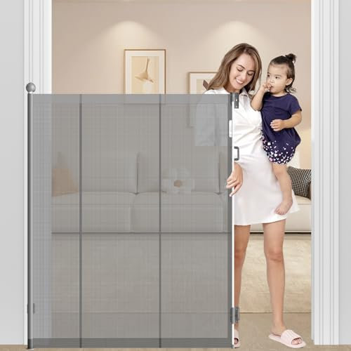 Puerta retráctil extra alta de 145 cm para perros, 200 cm de ancho, puerta retráctil reforzada que evita que se arrastre, puerta de seguridad retráctil con una sola mano para bebés, mascotas y gatos