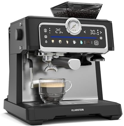 Klarstein GrandPresso Touch Cafetera Exprés 20 Bares - Pantalla Táctil, Molinillo Integrado, 2,3L, Boquilla de Vapor, Acero Inoxidable, Negra, Cafetera Espresso