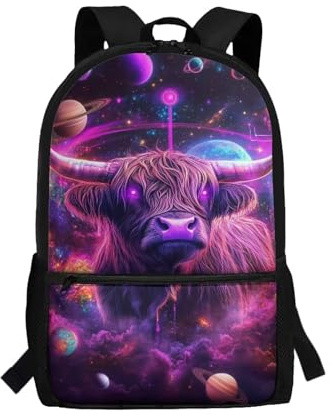 HUIACONG Rucksack für Kinder, Schulranzen für Jungen, Schulranzen, Galaxy Highland Cow Planet, One size