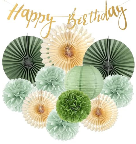 Phlognfy Salbeigrün Thema Geburtstags Party Dekoration Set, 12Pcs Salbeigrün Happy Birthday Party Deko, Papier Runde Fan Pom Pom Laterne Banner, grün gartenparty Dekoration für baby shower Hochzeits