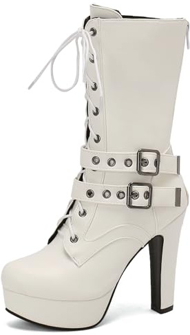 Galindopia White Platform Boots Mid Calf for Women Block High Heels Rivets Studs Gothic Punk Lace Up Knight Biker Half Botines de Mujer Size 44