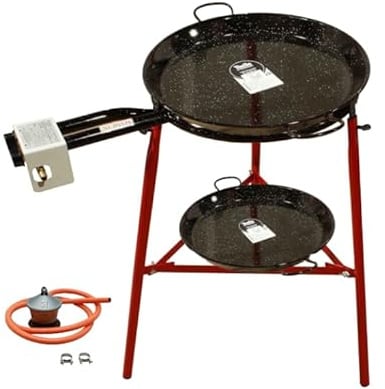 FERRETERIA LEPANTO Kit Paellero, Kit Paellero, Quemador a Gas butano, paellera acero pulido, regulador de Gas + 1,5 metros de Manguera, soporte de 3 Patas reforzadas (Esmaltado, 55 CM)