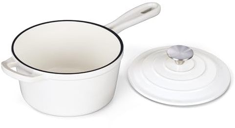 Onader 1QT Saucenpfanne, emaillierter Gusseisen-Kochtopf Dutch Oven Topf mit Deckel, kleiner Kochtopf, antihaftbeschichtet & ofenfest - Weiß