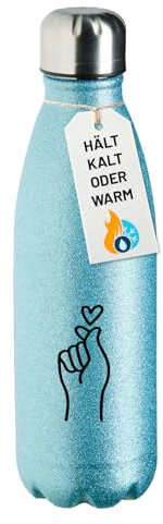 Huuraa Glitzer Trinkflasche K-Pop Fingerherz Zeichen Geschenk | 500ml Blue Edelstahl Wasserflasche Trinkflasche Blau Geschenkidee Glitzer Thermosflasche Isolierflasche Schraubverschluss