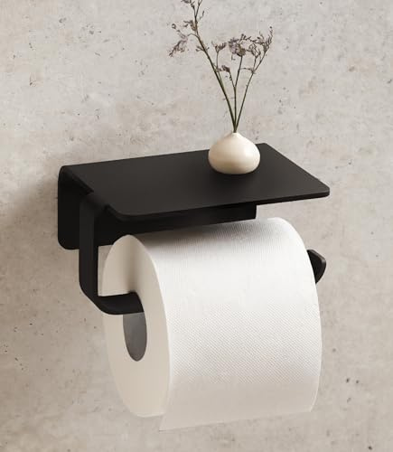 KAZAI. Toilettenpapierhalter ohne Bohren | Klopapierhalter mit Ablage zum Kleben | Klorollenhalter Bad | WC-Papier-Halterung aus Metall | Schwarz