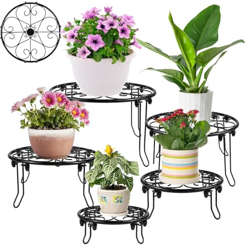 5 Pack Metal Plant Stand for Outdoor Indoor Plants with 5 Size, Heavy Duty Flower Pot Stands for Multiple Plant, Black Rustproof Iron Round Plant Shelf for Planter, Potted Plant Holder for Garden Home