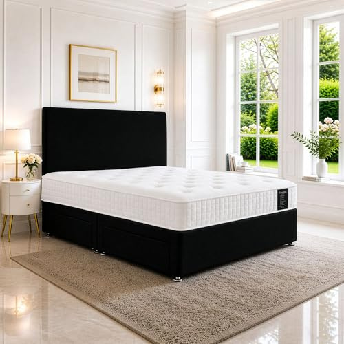 SANA SLEEP Sleek 6FT Super Super King Bed with Pocket Sprung Mattress & 2 Drawers | Compact Bedroom Set | Sturdy Frame for Comfort | Chic Divan Design | Modern Spaces Furniture (Black Plush)