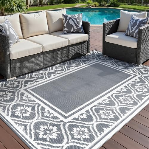 PureCozy Outdoor Teppich, Wendbarer Balkon Camping Wetterfest Teppiche Grau Kunststoff Stroh Terrasse Matte UV-beständige Outdoorteppich Rug Carpet für Garten RV Picknick, 180x270cm