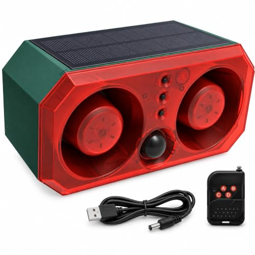 QingRain Solar-Outdoor Motion Sensor Alarm: Coyote Deterrent 130dB Dual Speakers Sound, Motion Light & Remote|Animal Deterrent for Yard/Farm/Chicken Coop | Solar+USB Charging | Custom & Preset Sounds | Night/24H/Timer | For Yard, Coop, Farm, Driveway, Garden, Barn