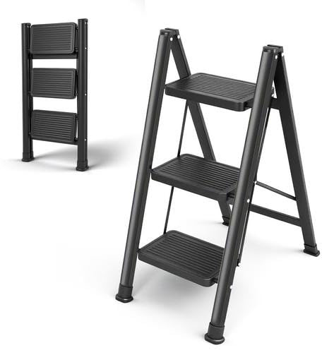Victoam 3 Stufen Leiter Tritthocker Klappbar mit sicherem Stand, verbreitertem Pedal, Alu Klappleiter Multifunktionale Tritthocker bis 150kg Belastbar für Küchen Haushalt Außen Büro, Schwarz