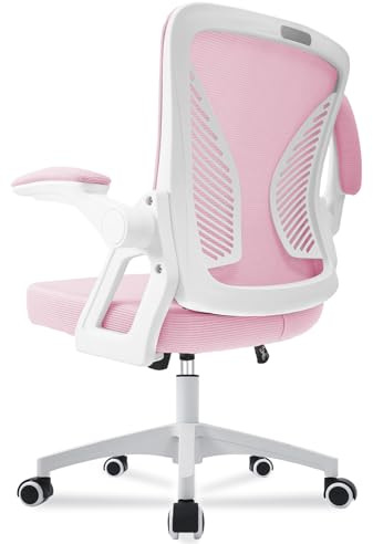 Milacyee Ergonomischer Bürostuhl, Schreibtischstuhl mit Klappbaren Armlehnen und Lordosenstütze, Mesh Computerstuhl, Höhenverstellbar, Wippfunktion, Home Office Bürostuhl (Rosa)