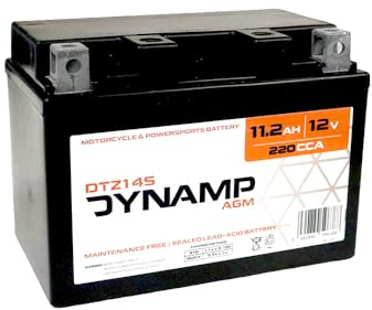 Dynamp DTZ14S 12V 11.2Ah AGM Motorcycle Battery, YTZ14S Equivalent, Sealed Maintenance-Free