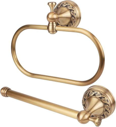 Harrington Marley 2 Piece Bathroom Set, Antique Brass Finish, Toilet Paper Holder and Towel Ring, Victorian Style, Wall Mount, Stainless Steel