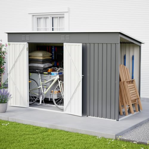 Abri de Jardin Métal 311x123x181 cm - Cabane Extérieure Double Porte, Ventilation - Armoire Résistante aux Intempéries, Rangement Vélos & Poubelles - Cadre de Fondation Inclus