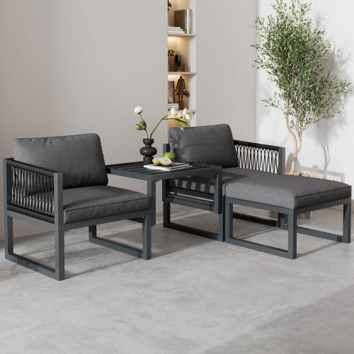 Merax Salon de jardin 4 pièces avec fauteuils réglables, repose-pieds et design multifonctionnel, cadre en aluminium, rotin synthétique, pour terrasse, jardin et intérieur