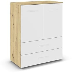 Rauch Möbel ADITIO, Kommode, Farbe Weiß/Eiche Artisan, Breite 80 cm | Highboard im zeitlosen Stil, 2-türig, 2 Schubladen, Soft-Close-Funktion, für Schlafzimmer, Gästezimmer, Wohnzimmer, Garderobe