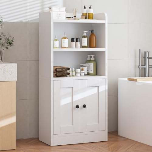 Feonase Small Bathroom Storage Cabinet with 2 Magnetic Doors & Shelves – Feestanding Floor Bathroom Storage Unit, Ideal for Small Spaces, Laundry Rooms(White, 20cm D x 37.5cm W x 80cm H)