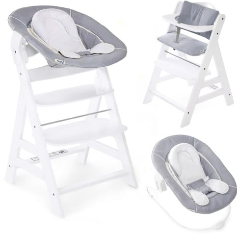 hauck Alpha+ Hochstuhl Newborn Set mit 2in1 Bouncer - Weiß | Mitwachsender Holz Kinderhochstuhl ab Geburt bis 90 kg | inkl. Neugeborenenaufsatz & Sitzkissen
