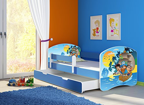 CLAMARO 'Fantasia Blau' 160 x 80 Kinderbett Set inkl. Matratze, Lattenrost und mit Bettkasten Schublade, mit verstellbarem Rausfallschutz und Kantenschutzleisten, Design: 21 Piraten
