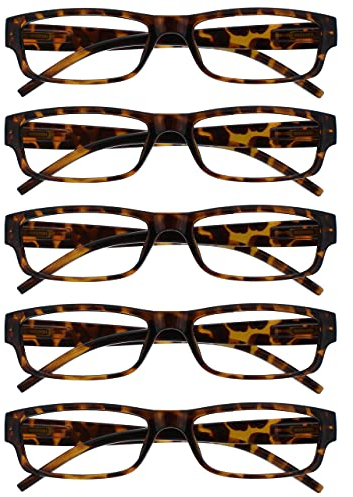 The Reading Glasses Company OPULIZE ACE Lesebrille für Damen und Herren - 5er-Pack - Schmaler Rechteckiger Rahmen - Komfort Federscharniere - Kratzfest - Braun Schildpatt +1.50