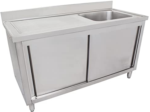 Beeketal 'GSB160' Edelstahl Spülschrank mit Spülbecken (rechts), Abtropffläche und Aufkantung, Unterschrank mit 2 Schiebetüren und justierbaren Stellfüßen, (B/T/H): ca. 1600 x 600 x 950 mm