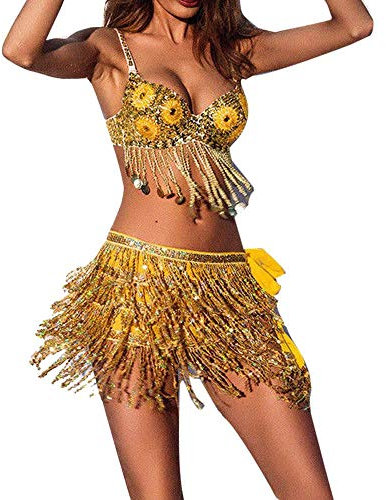 Doublehero Damen Pailletten Bauchtänzerin Rock Kostüm Troddel Wickelrock Club Minirock Bauchtanz Bleistiftrock Bodycon Tanzrocke Freizeit Gürtel Münztuch Hip Scarf Bauchtanz Samba (Golden)