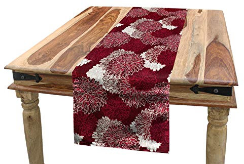ABAKUHAUS Rot und weiß Tischläufer, Chrysanthemen, Esszimmer Küche Rechteckiger Dekorativer Tischläufer, 40 x 225 cm, Maroon Weiß