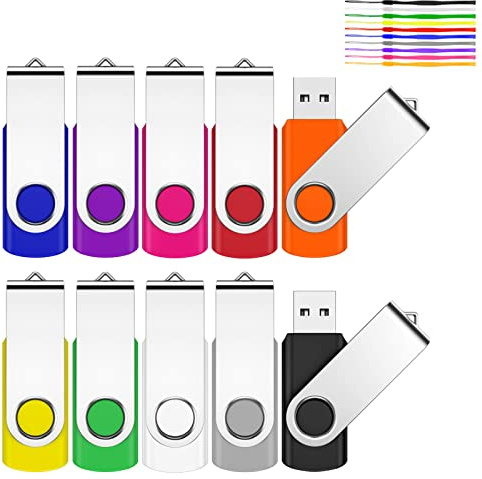 JEVDES 8GB USB Memory Stick 10 Pack USB Stick Flash Drive USB 2.0 Pen Drive Swivel Design Thumb Drive for Data Storage Zip Drive Jump Drive with LED Light (10 Colors)