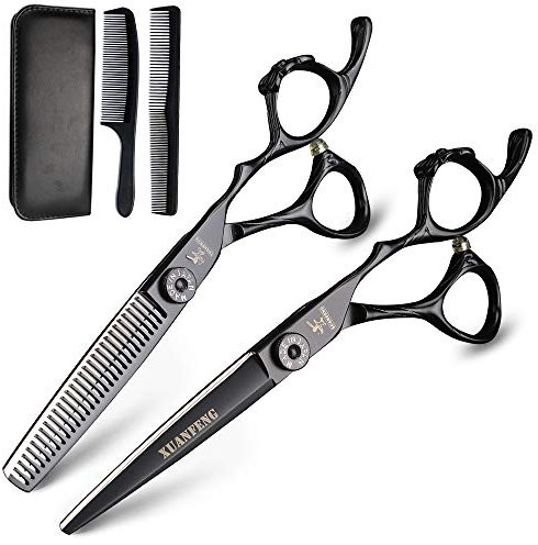 XUAN FENG schwarze Haarschere mit Schleife, 15,2 cm, Friseurschere, Japan 440C Schneid- und Effilierscheren-Set (Set, schwarz)