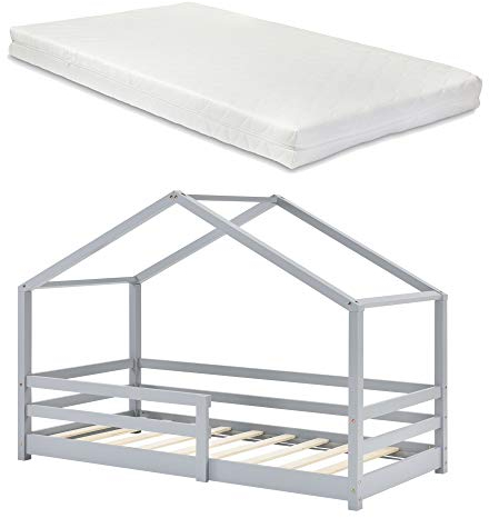 [en.casa] Kinderbett Knätten mit Matratze und Rausfallschutz 90x200cm Hausbett mit Kaltschaummatratze Bettenhaus mit Lattenrost Kiefernholz Einzelbett Hellgrau
