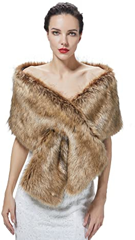 BEAUTELICATE Kunstpelz Schal Stola Bolero Damen Brautschal Wrap Jacke Mantel Winter Hochzeit Gatsby 1920er Jahre Kostüm (Waschbär Braun mit Loch, Einheitsgröße)