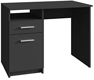 MATKAM Schreibtisch Bodo DSP H 75 x B 100 x T 50 cm, laminierte Möbelplatte, Schublade mit Metalllaufleiste auf Rollen, Ablage mit Tür, Metallscharniere, satinierte Griffe (Schwarz)