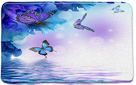 YSATNSFT Badematte mit Schmetterlingsmotiv, violette und blaue Blume, Schmetterlinge, Flügel, Traum, Wasser, Ripple, Floral, Seefrühling, Badezimmerdekoration, rutschfeste Unterseite, 40.6 x 61 cm
