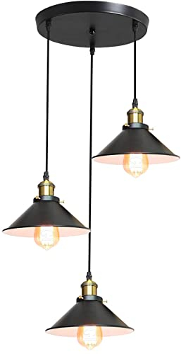 iDEGU 3-flammige Pendelleuchte Industrielle Hängelampe Stil Edison Vintage Kronleuchter mit 22cm Metall Lampenschirm E27 Fassung Hängeleuchte für Esszimmer Küche Wohnzimmer (Rondell, Schwarz+Weiß)