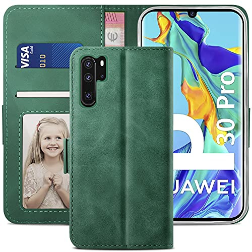 YATWIN Handyhülle für Huawei P30 Pro, Klapphülle Premium Leder Brieftasche Schutzhülle mit Kartenfach, Magnetverschluss und Standfunktion, Kieferngrün